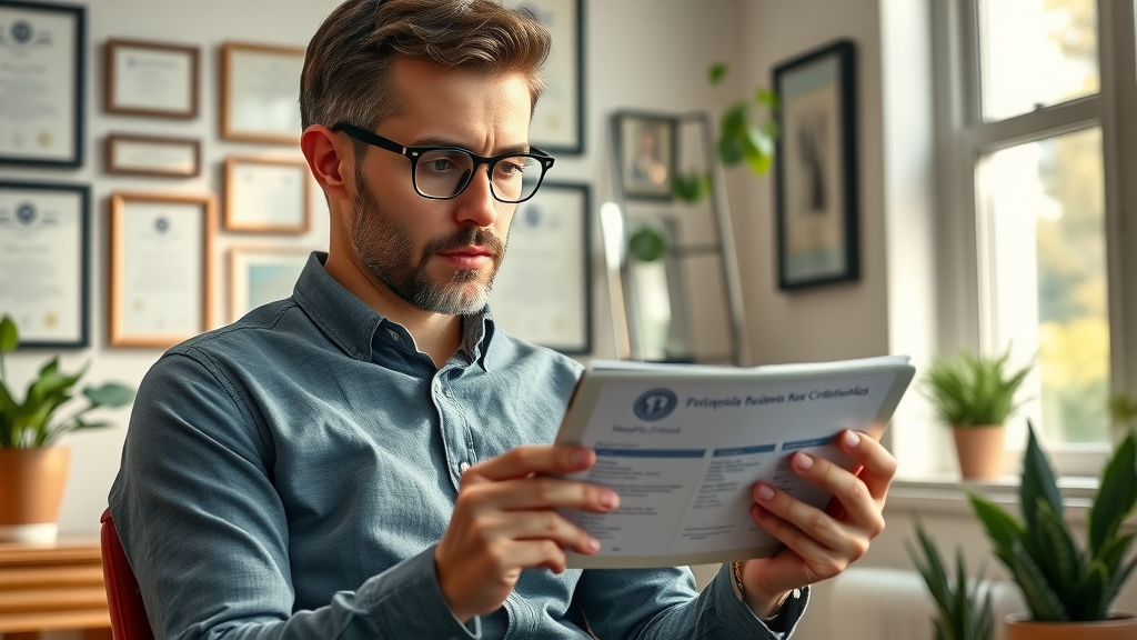 Small business owner reviewing broker credentials and testimonials on a tablet - business broker