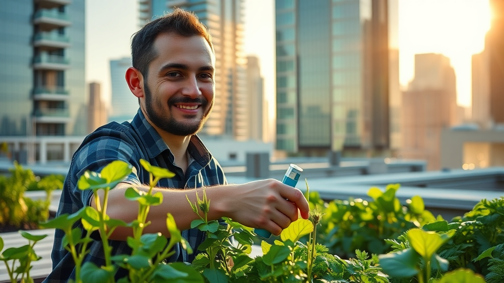 Creative urban farmer tending rooftop greens, symbolizing innovative small business opportunities in eco-friendly sectors