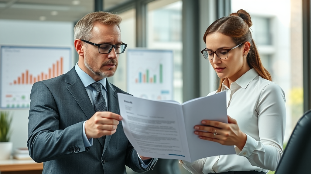 Business broker commission explained to professional business owners reviewing contract documents in a modern office with financial charts
