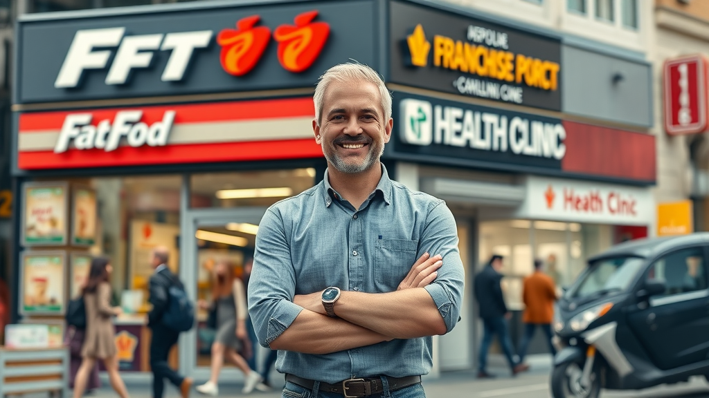 successful franchise owner in front of fast food and health clinic franchise for sale, busy street, branded storefronts