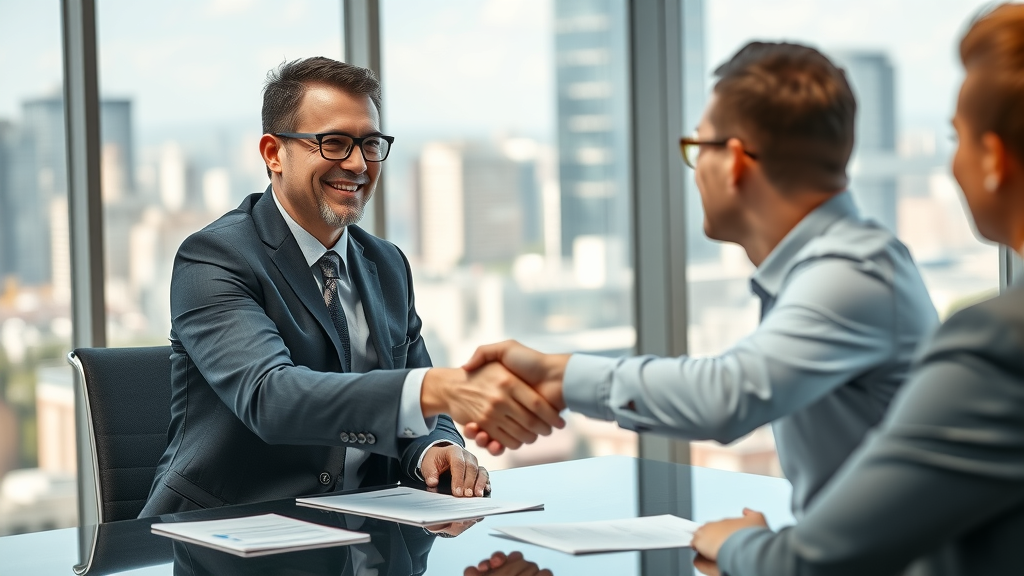 Confident business owner shaking hands with a buyer across a negotiation table during the process of selling a business in a modern professional office with city skyline.