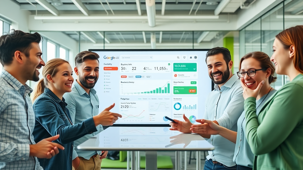 team of marketers collaborating around Google Ads dashboard and business directories analytics
