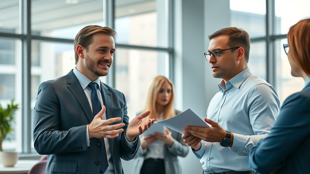 professional business brokers engaged in discussion with clients in a modern office, business brokerage firms maximizing sale profits