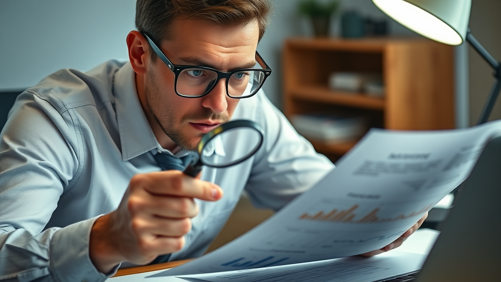 M&A analyst reviewing financial statements for due diligence