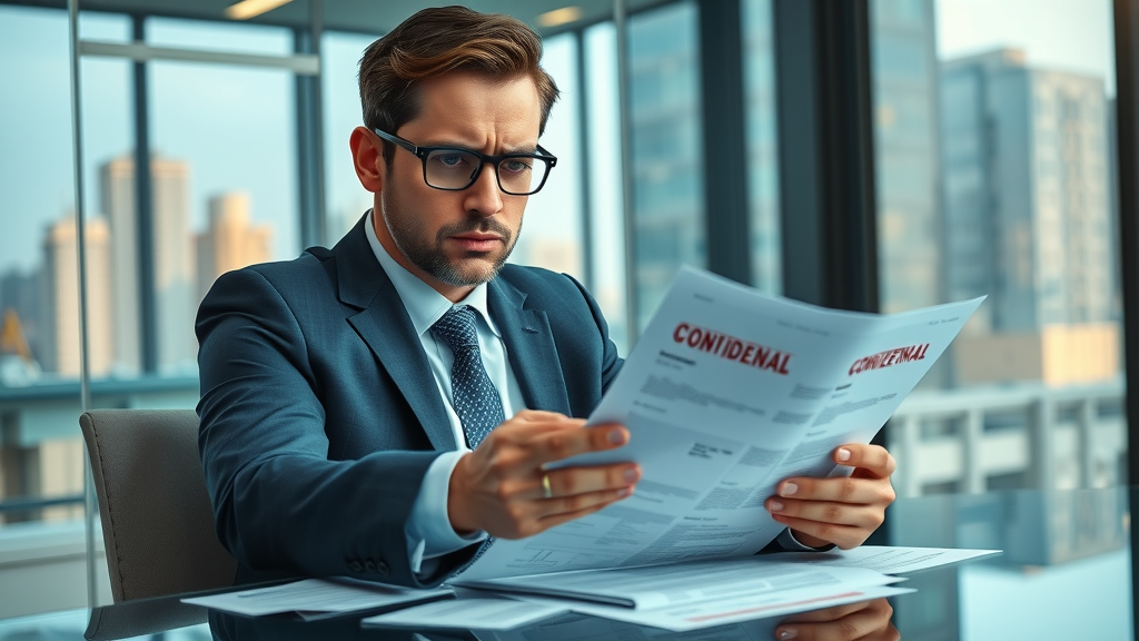 Confidential business sale tense business owner professional business attire looking concerned while reading sensitive documents at a sleek modern office table