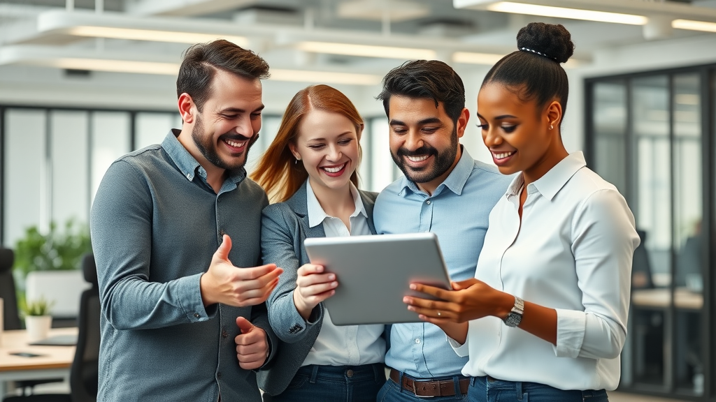 Diverse small business sales team discusses performance metrics in a modern office setting
