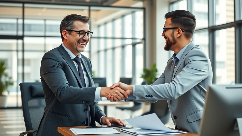 confident professional business broker shaking hands with happy business owner, closing a successful sale, business brokers