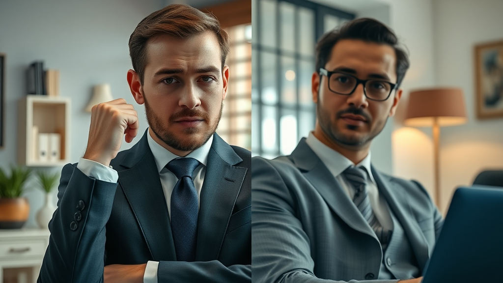 Stressed business owner versus calm business broker, split-screen: business brokerage services comparison