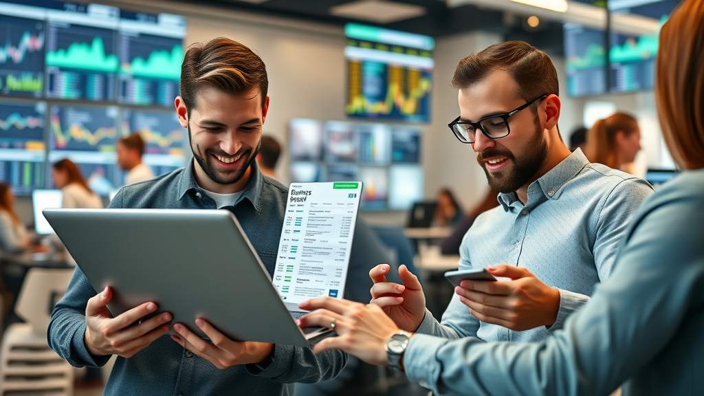 dynamic digital marketplace energetic entrepreneurs examining business sale listings on modern laptops