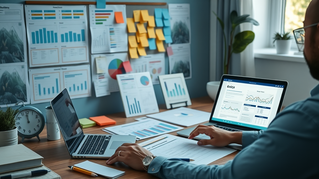 Organized entrepreneur arranging business plan charts and spreadsheets, symbolizing planning and growth for small businesses