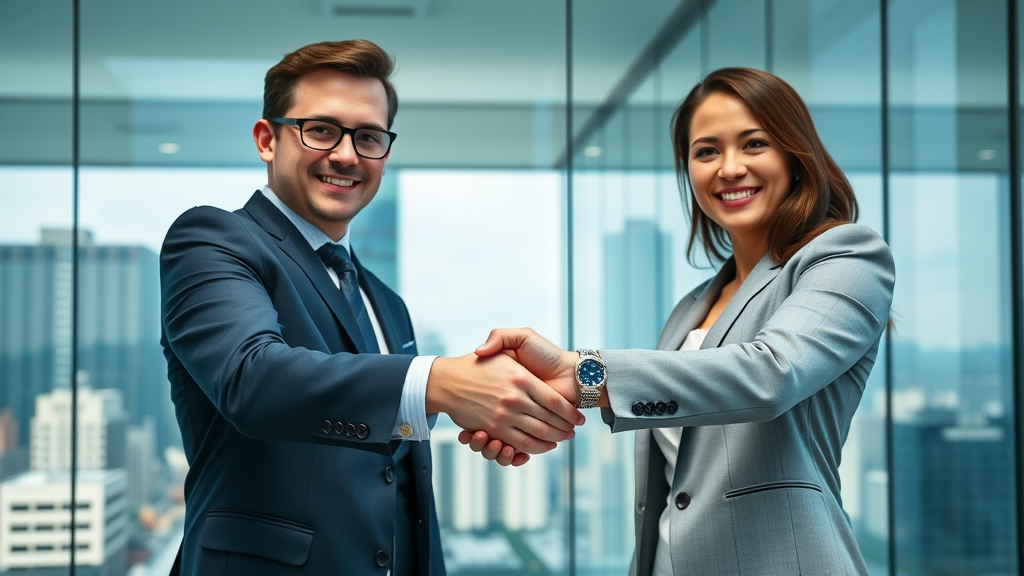business sale process professional business handshake between two confident business owners sealing a sale agreement in a modern office with a city view