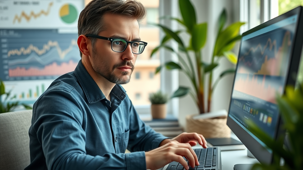 professional analyzing broker fee negotiation data at computer, home office