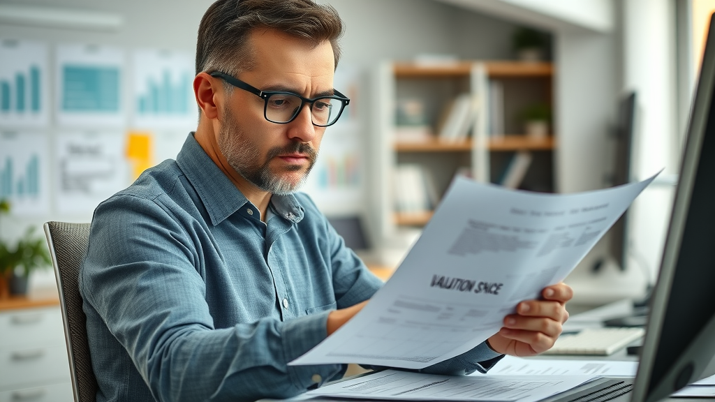 Business owner analyzing valuation documents and financial statements for selling a business
