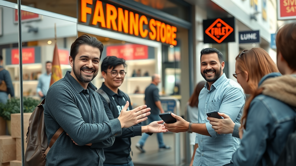 modern bustling franchise storefront, confident entrepreneurs, franchise business, urban business district