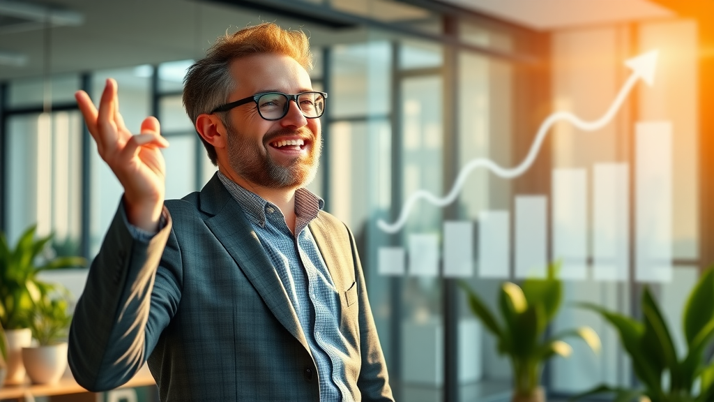 successful entrepreneur celebrating increased cash flow, joyful expression, standing in modern workspace with digital cash flow charts projected, Cinematic, contemporary office setting with green plants and glass partitions, highly detailed, animated upward-trending cash flow graphics, warm sunlight streaming in, shot with an 85mm lens.