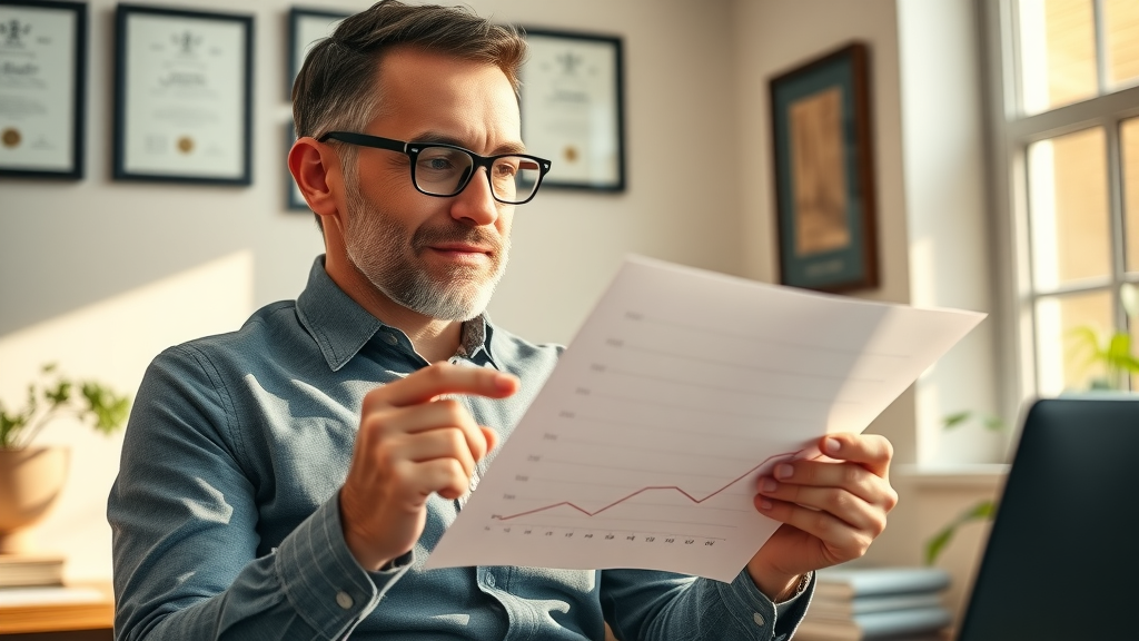 Optimistic small business owner reviewing positive sales chart results in a sunlit office