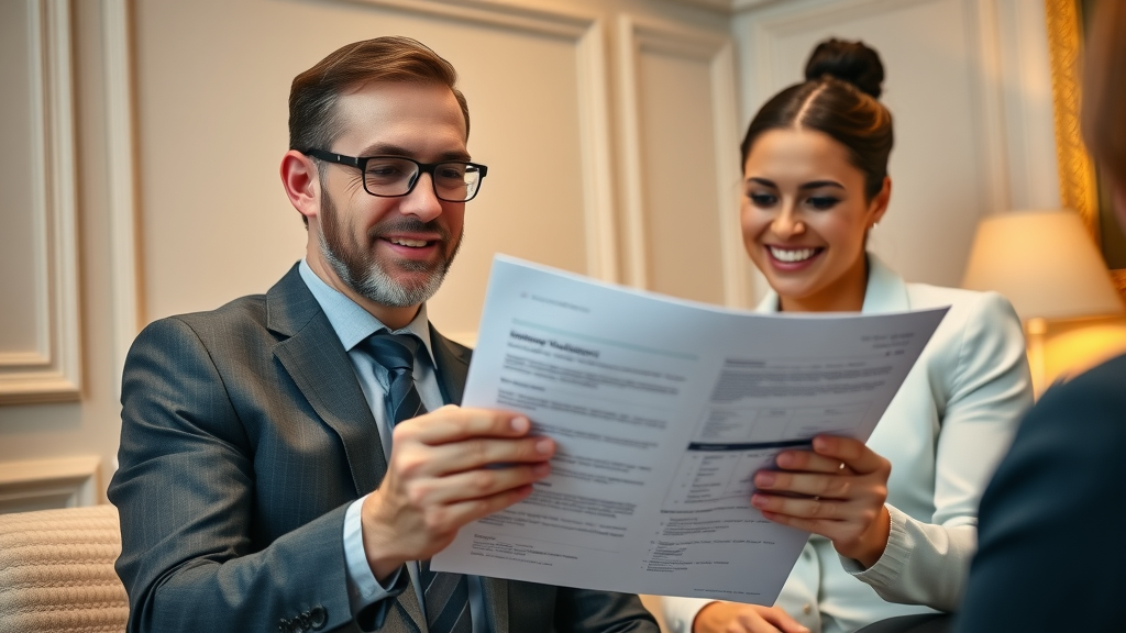 business broker reviewing company valuation report with client business brokerage services