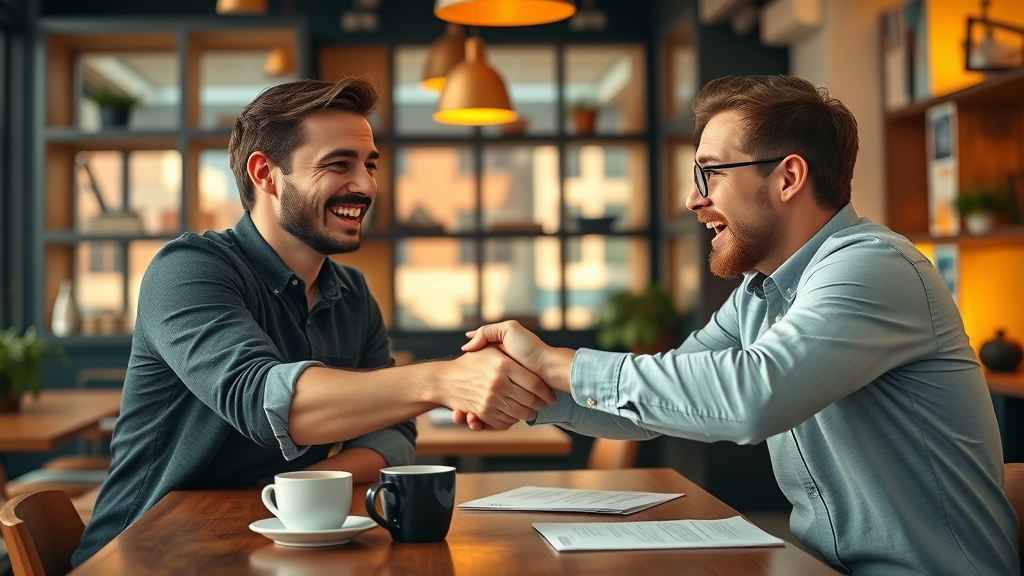 Optimistic entrepreneurs finalizing a deal on buying an existing business