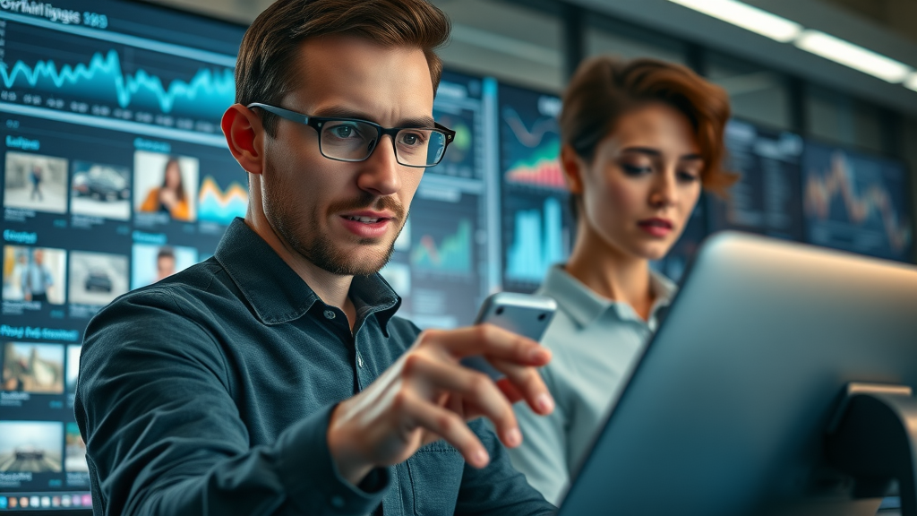 online business marketplace user scrolling through profitable businesses for sale, modern interface, charts and graphs