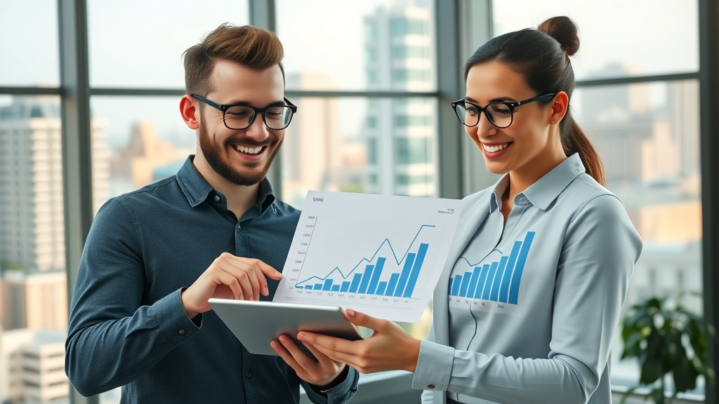 buying a business - entrepreneurs reviewing growth charts and upward trends in office