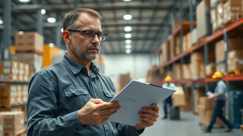 supply chain-disruptions-concerned warehouse manager inspecting goods in warehouse