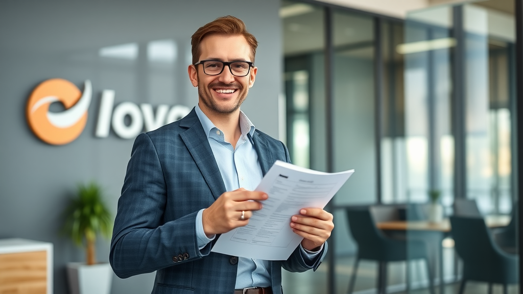 Confident business owner holding business sale checklist, satisfied, modern office