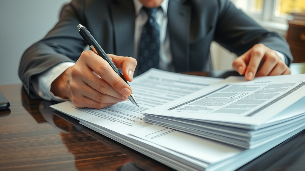 Corporate lawyer reviewing contracts and licenses when buying a business, focused on compliance