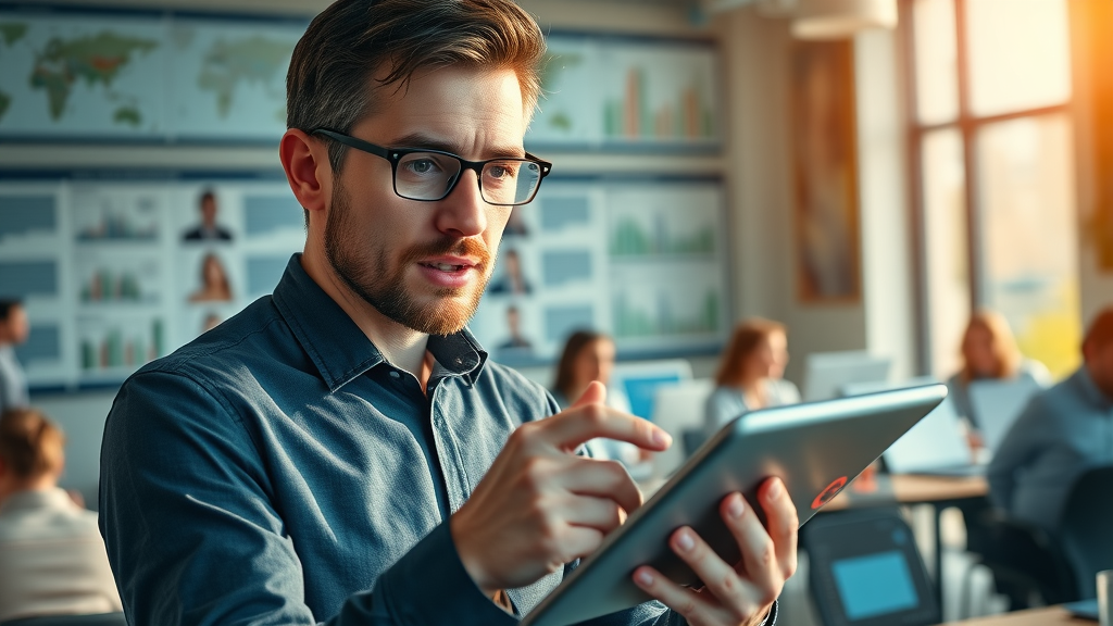 Analyst researching prospective buyers for a small business using digital tablet.