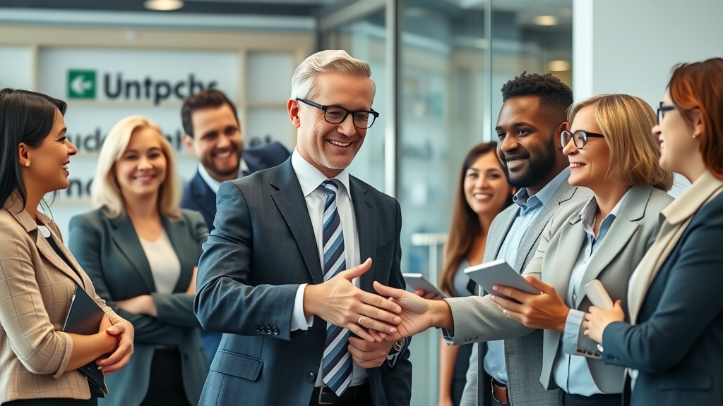 Professional small business broker engaging with business owners and buyers in a modern office - small business brokers