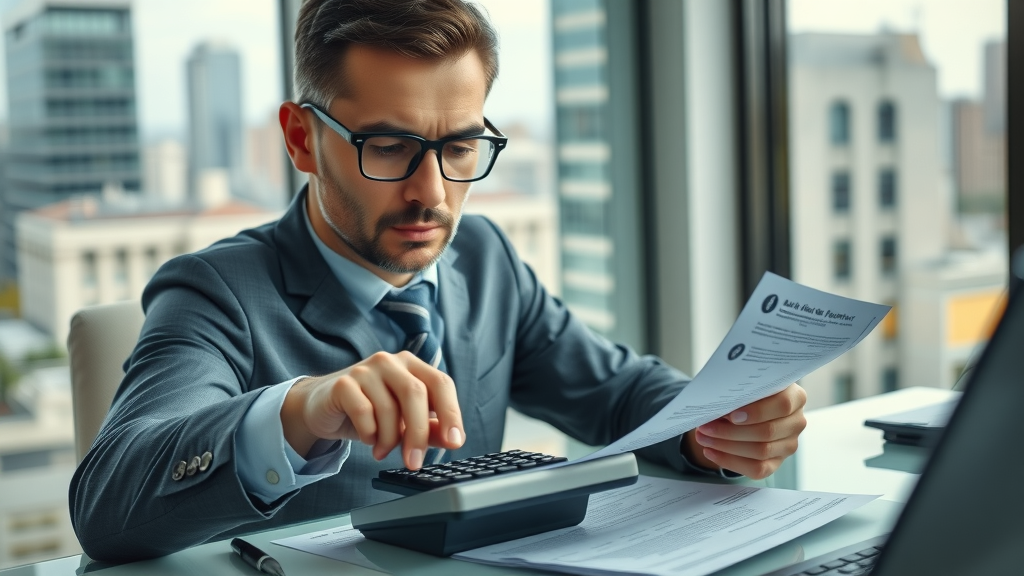 Real estate broker using a calculator to determine broker fees in property sales at a modern office desk
