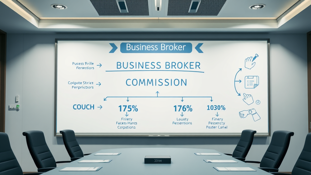 Infographic on business broker commission structure on neutral boardroom screen with dynamic arrows and icons