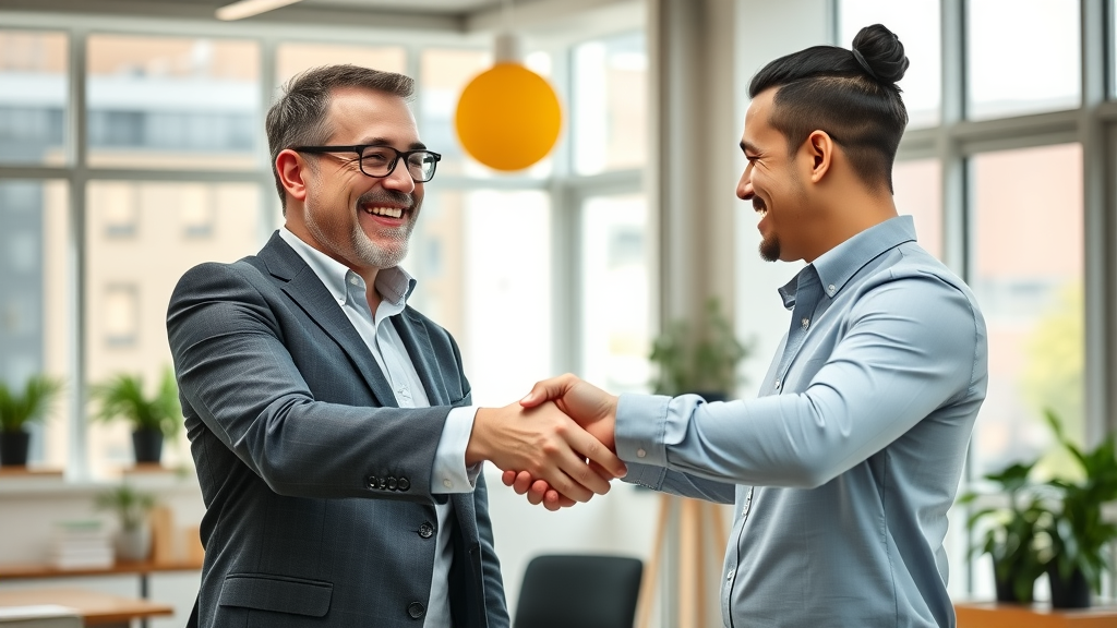 Happy business owner shaking hands with new buyer in friendly meeting, joyful conclusion to a business transaction, business brokerage services