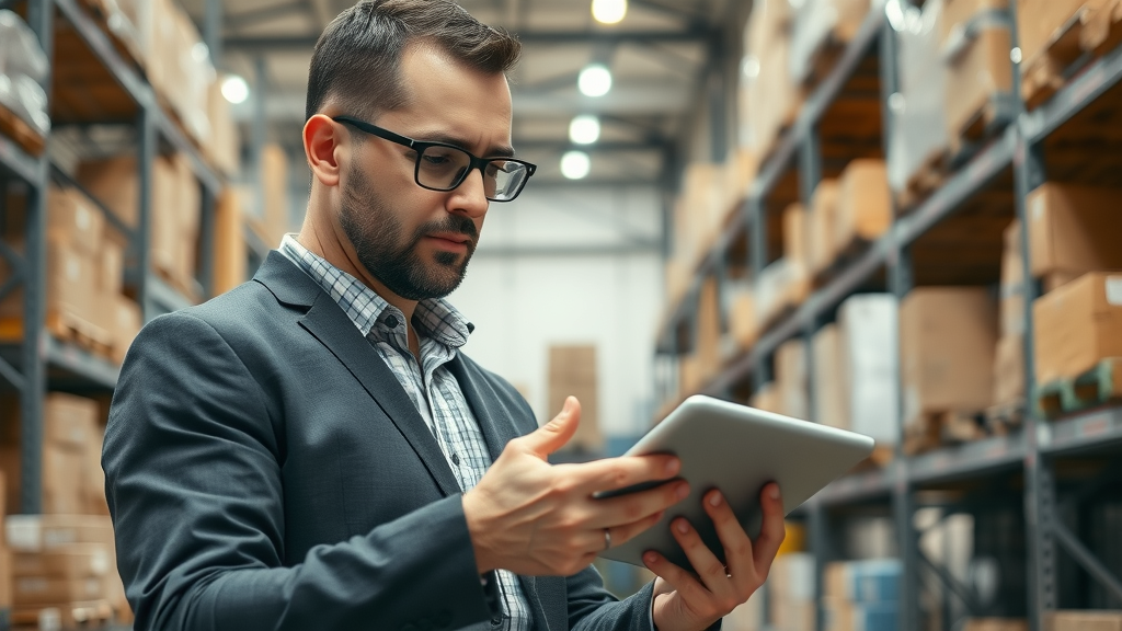 Business appraiser inspecting warehouse inventory value before buying a business