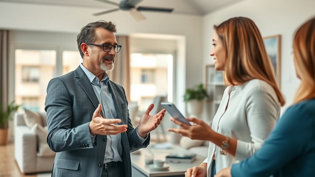 Professional real estate agent explaining broker fees in property sales to clients in a contemporary living room