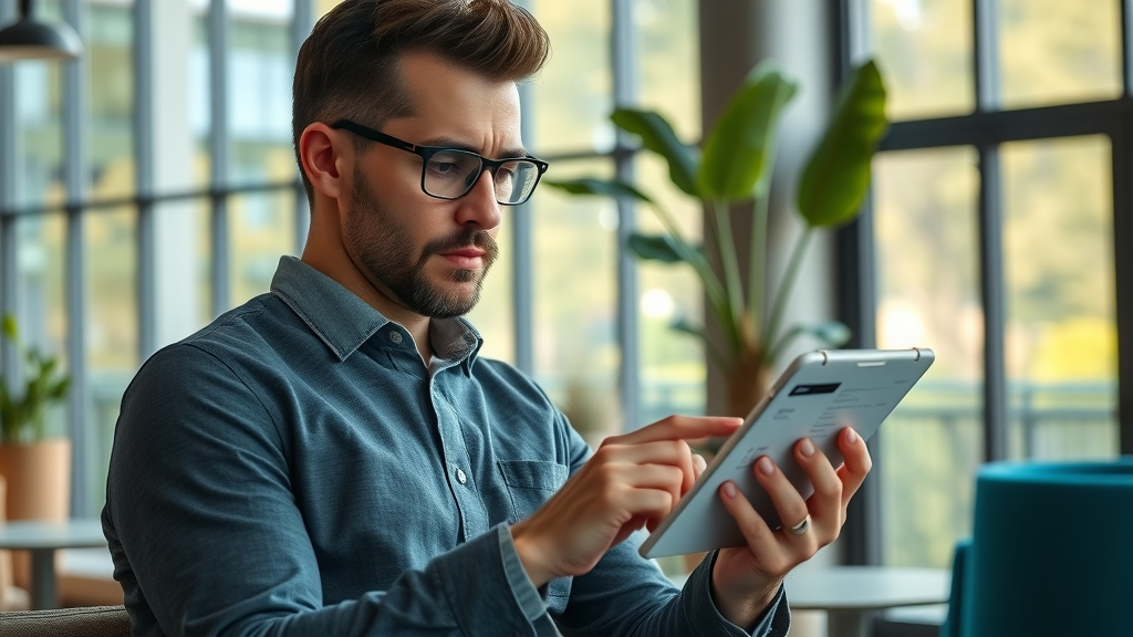 Entrepreneur researching commercial real estate resources on tablet