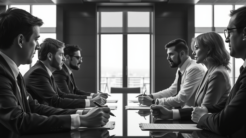 Business sale negotiation table with sellers and buyers facing off, emphasizing decision moments