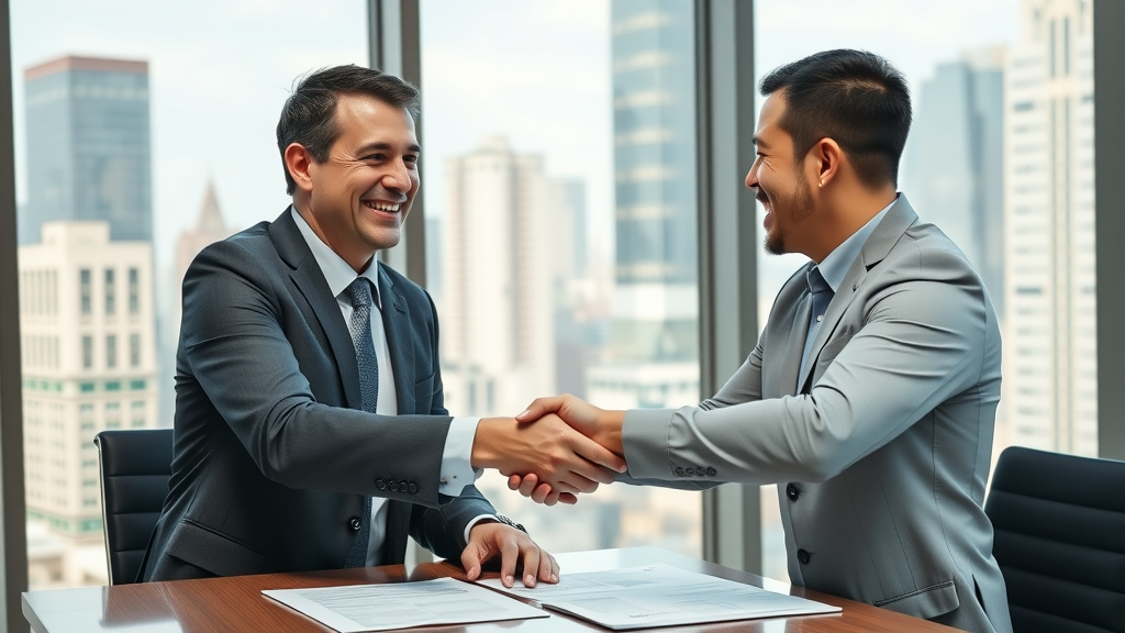 professional business broker shaking hands with a business owner, both smiling, celebrating a successful business deal, modern office, business brokers, business sales