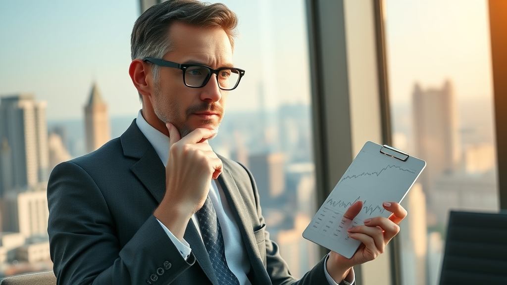 Financial advisor analyzing broker fee market trend data on a digital tablet in high-rise boardroom