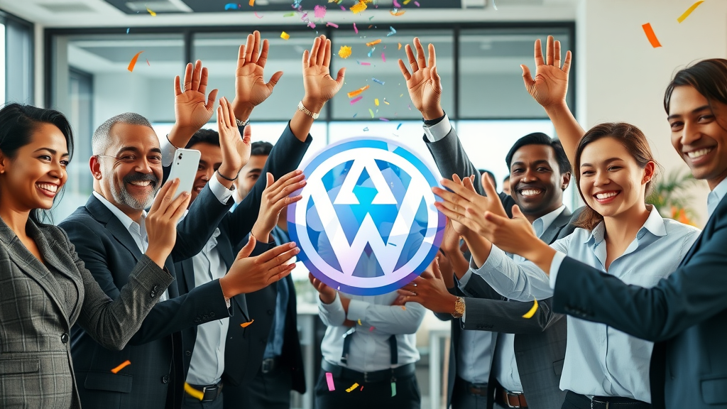 business acquisition benefits celebratory team around company logo