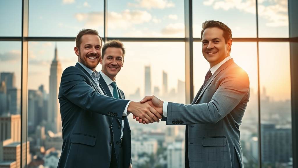 business acquisition modern business city skyline, business professionals handshake