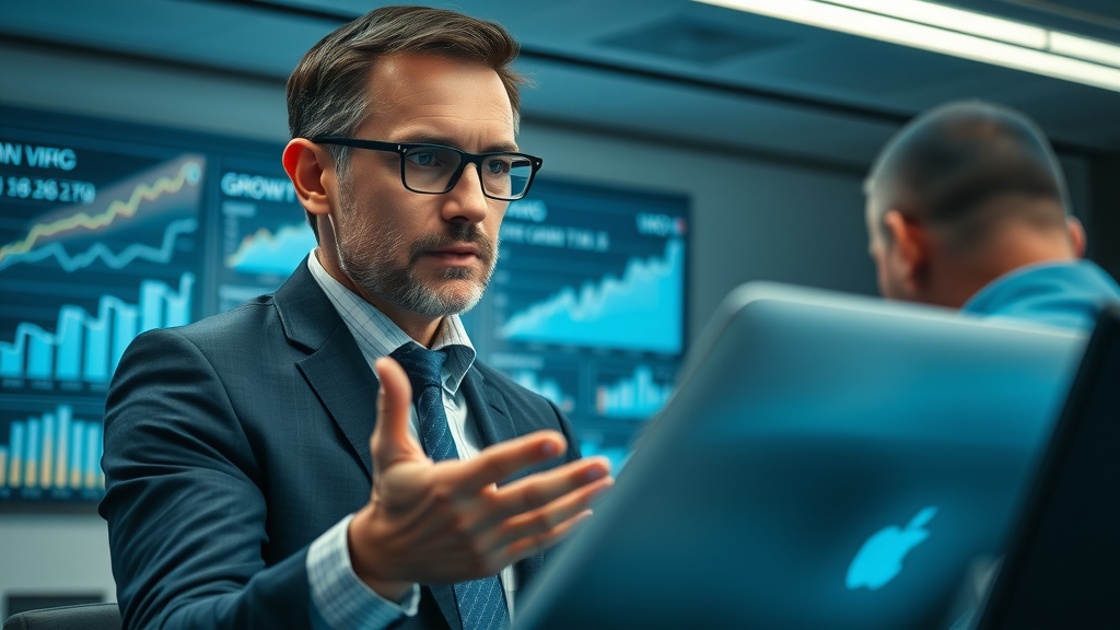 business valuation - financial analyst explaining company valuation to business owner with digital displays and charts