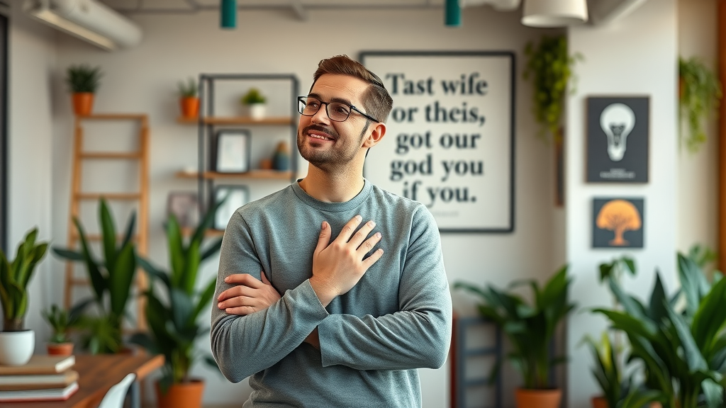 Grateful entrepreneur standing in vibrant office workspace, reflecting on small business owner success