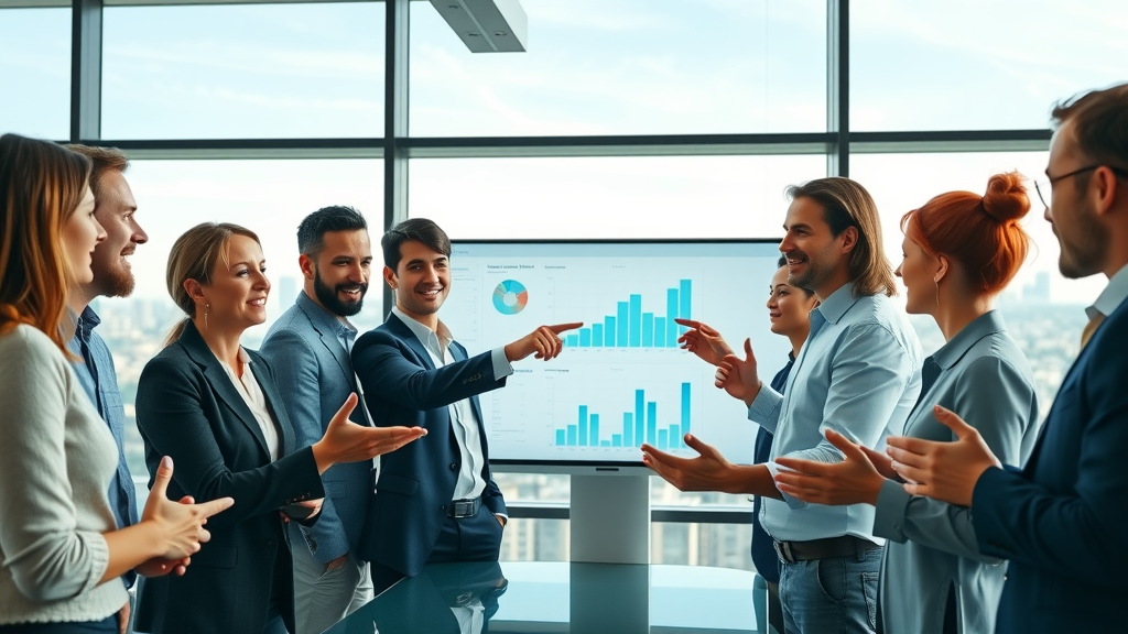 business analysts reviewing valuation factors like cash flow, market capitalization, in a modern boardroom