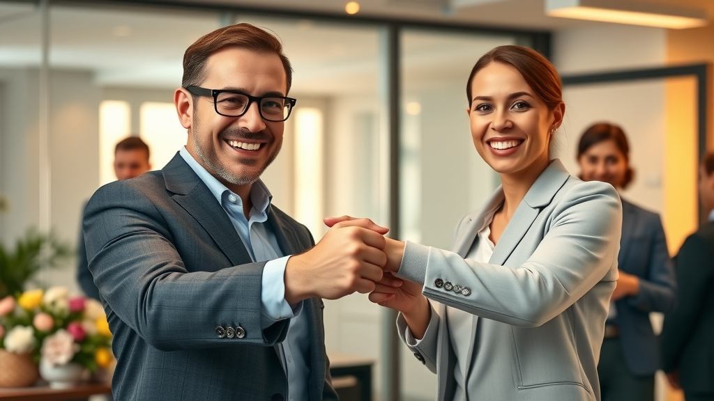 Happy business owner completing business sale process by handing over keys to new owner.