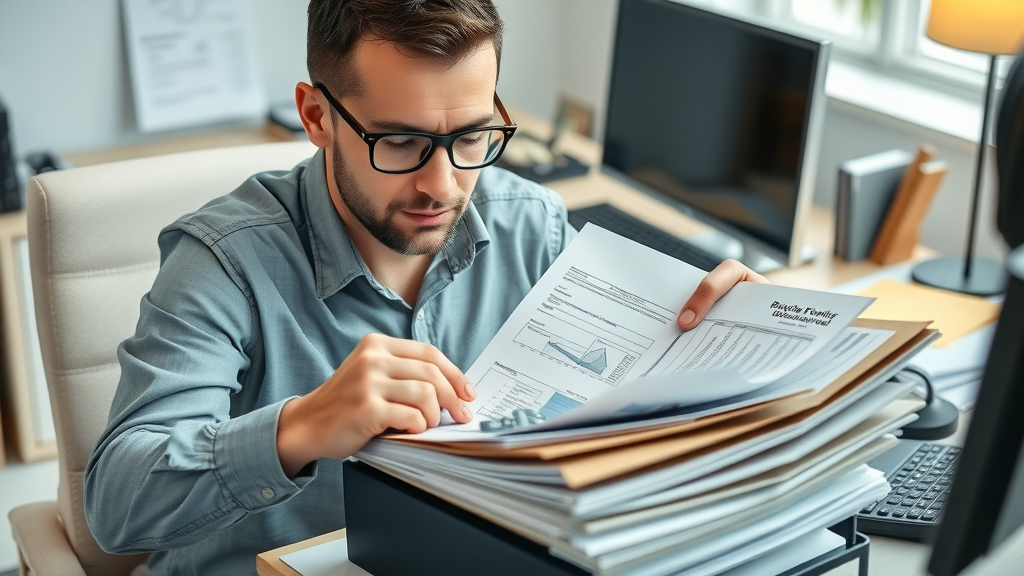organized accountant collecting business documents, focused expression, arranging financial statements and real estate records into folders, Photorealistic High Fidelity Lifelike, tidy workspace with files, calculator, and desktop computer, highly detailed, small accents like binder clips and colored folders, bright office lighting, shot with a 35mm lens.