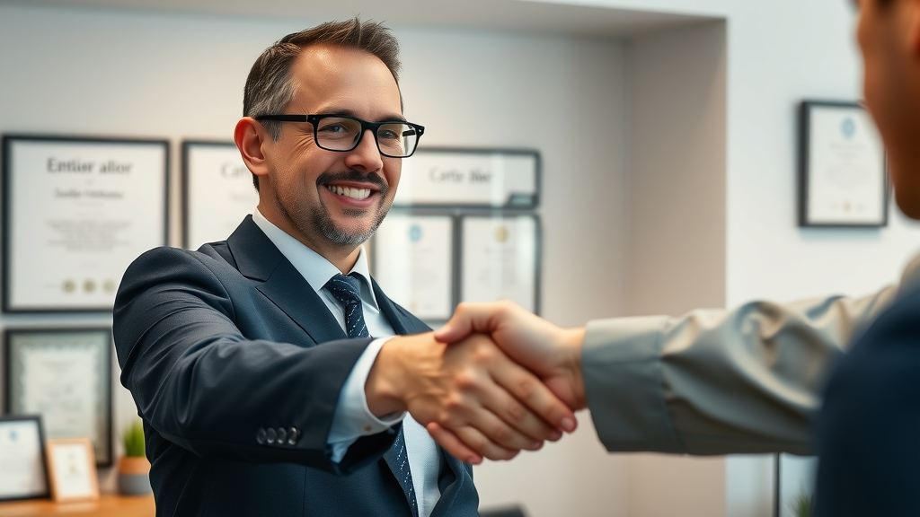 Trustworthy business transfer agent shaking hands with client, symbolizing ethical agency relationship and professional business sale support