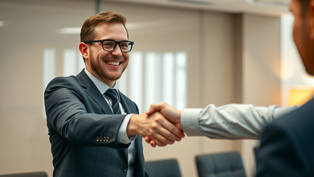 happy business seller shaking hands after successful business sale