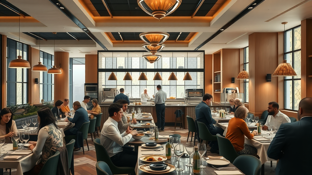 business for sale upscale restaurant with patrons dining and chef and staff at work, welcoming atmosphere