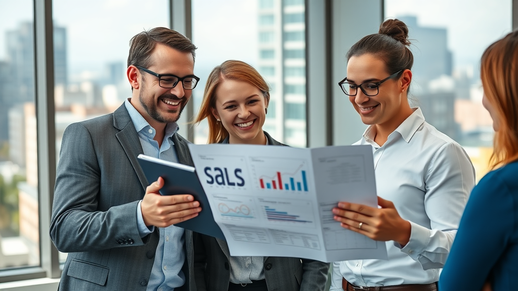Confident business owners reviewing sales data with satisfied expressions discussing results in a modern office, business brokerage services