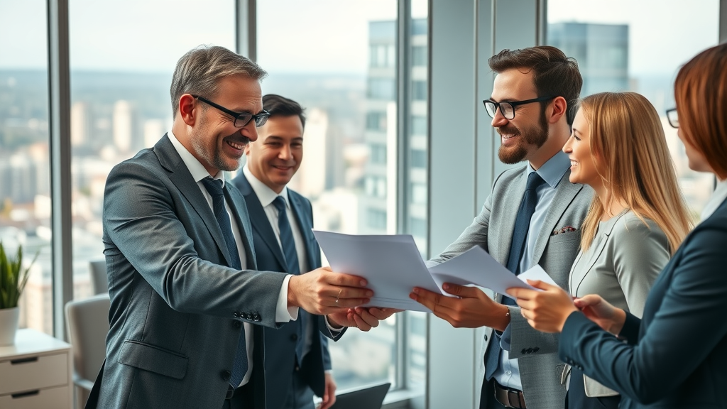 business brokers and business owners shaking hands in a modern office, discussing business sale documents, cityscape visible through windows